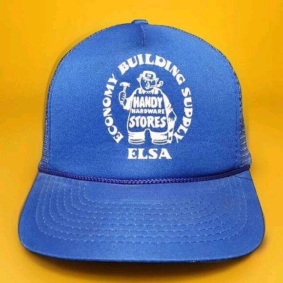 Vintage Trucker Hat Cap Mesh Snap Back Blue Handy Man Building Supplies Elsa TX - Picture 2 of 8
